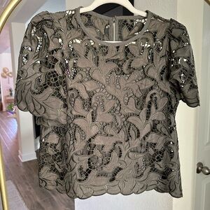 Express Embroidered Olive Green Puff Sleeve Top